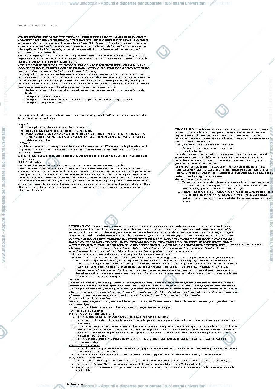 Anteprima pagina 1 — Tessuto osseo , cartilagineo e nervoso