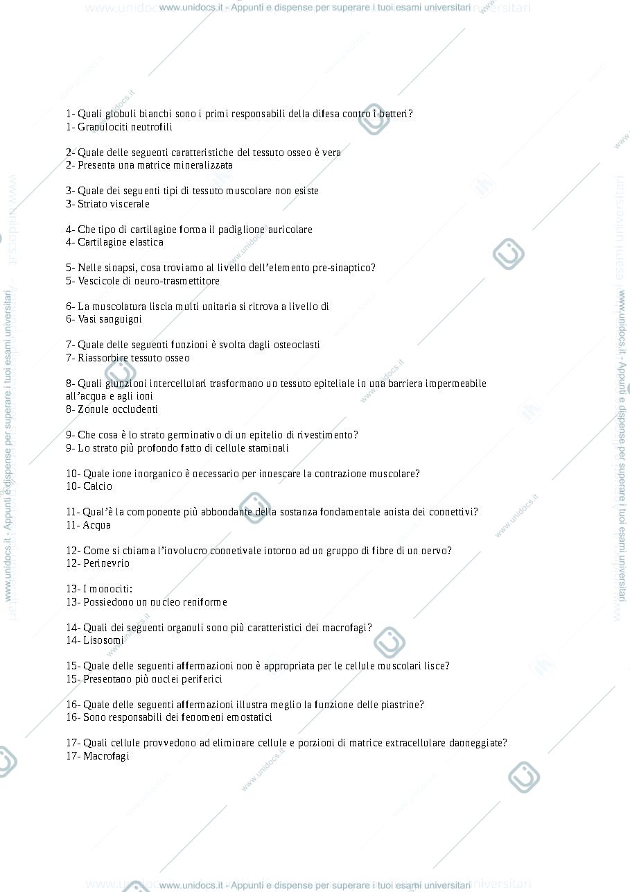 Anteprima pagina 1 — Istologia domande per esame