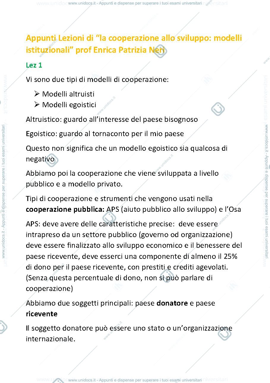 Anteprima pagina 1 — appunti lezioni di "la cooperazione allo sviluppo, modelli istituzionali" della Prof Neri
