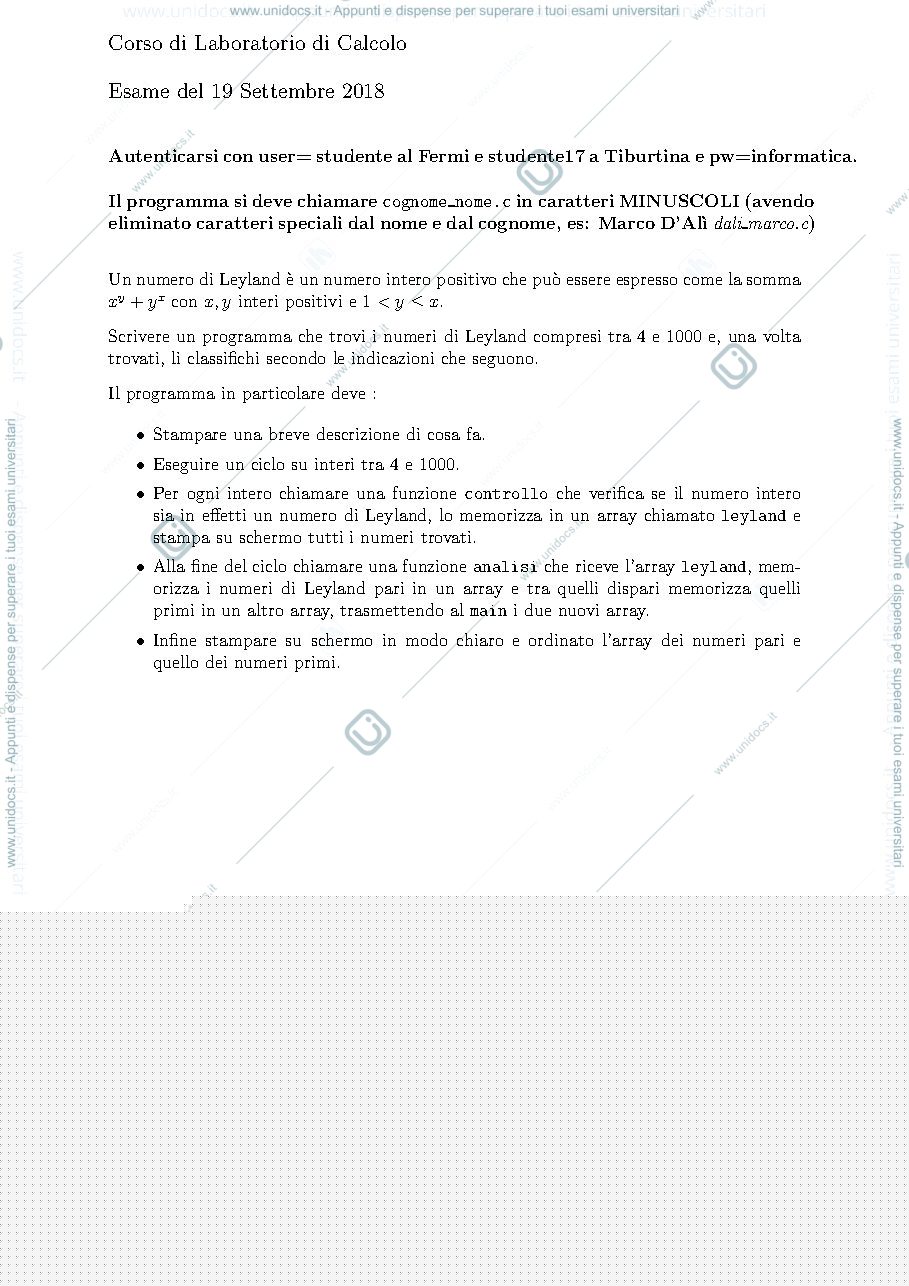 Anteprima pagina 1 — Esercitazione (d'esame) con programma eseguibile in C
