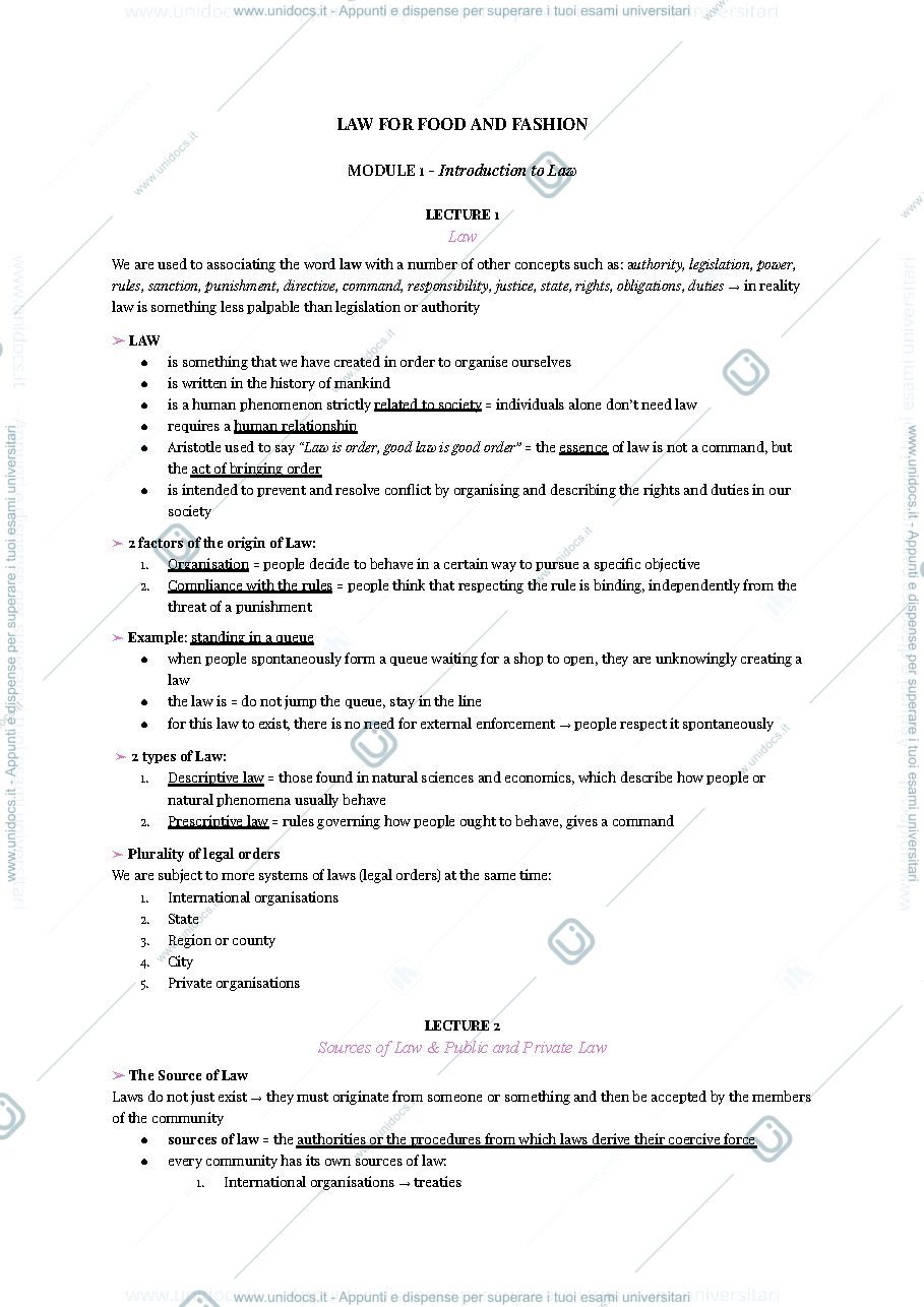 Anteprima pagina 1 — Law for food and fashion 1st semester program 