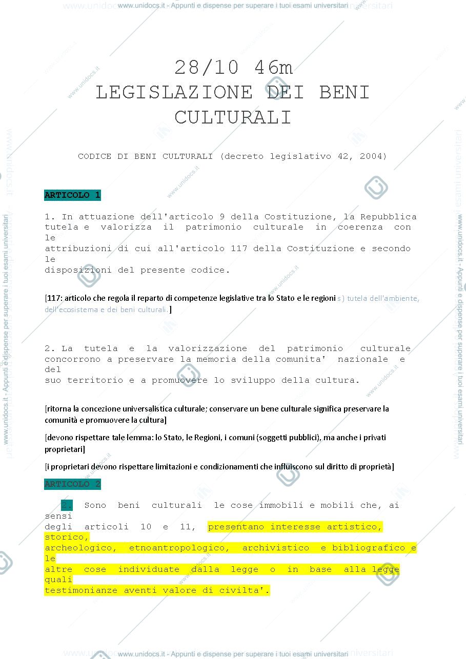 Anteprima pagina 1 —  legislazione dei beni culturali 