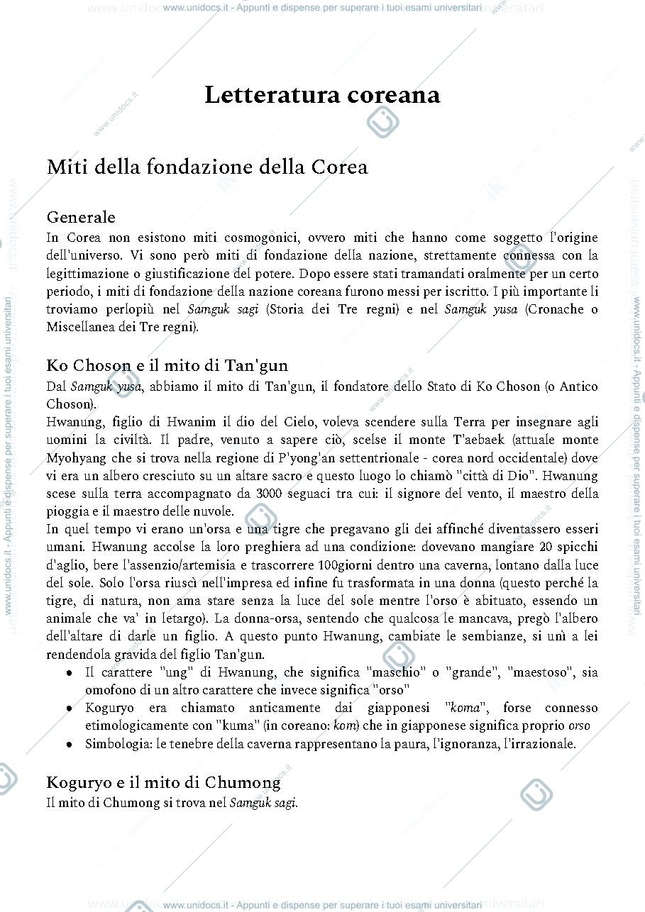 Anteprima pagina 1 — Appunti di Letteratura Coreana