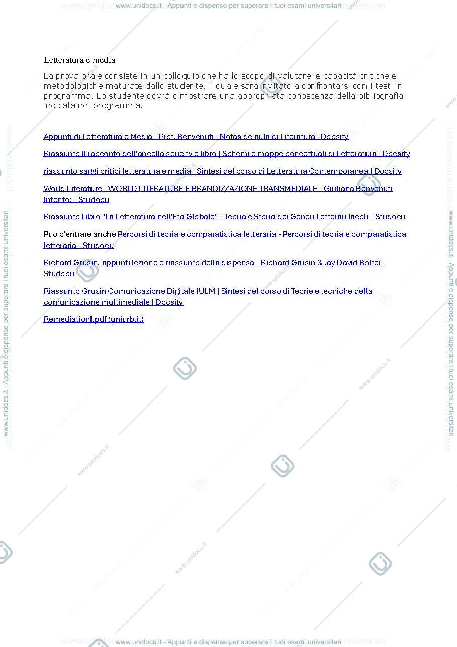 Anteprima pagina 1 — letteratura e media - appunti e slide