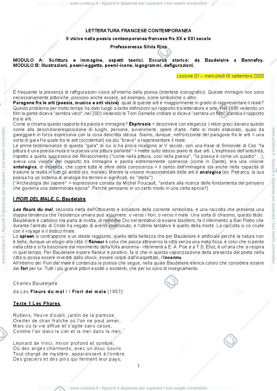 Anteprima pagina 1 — Letteratura francese contemporanea - prof. Riva