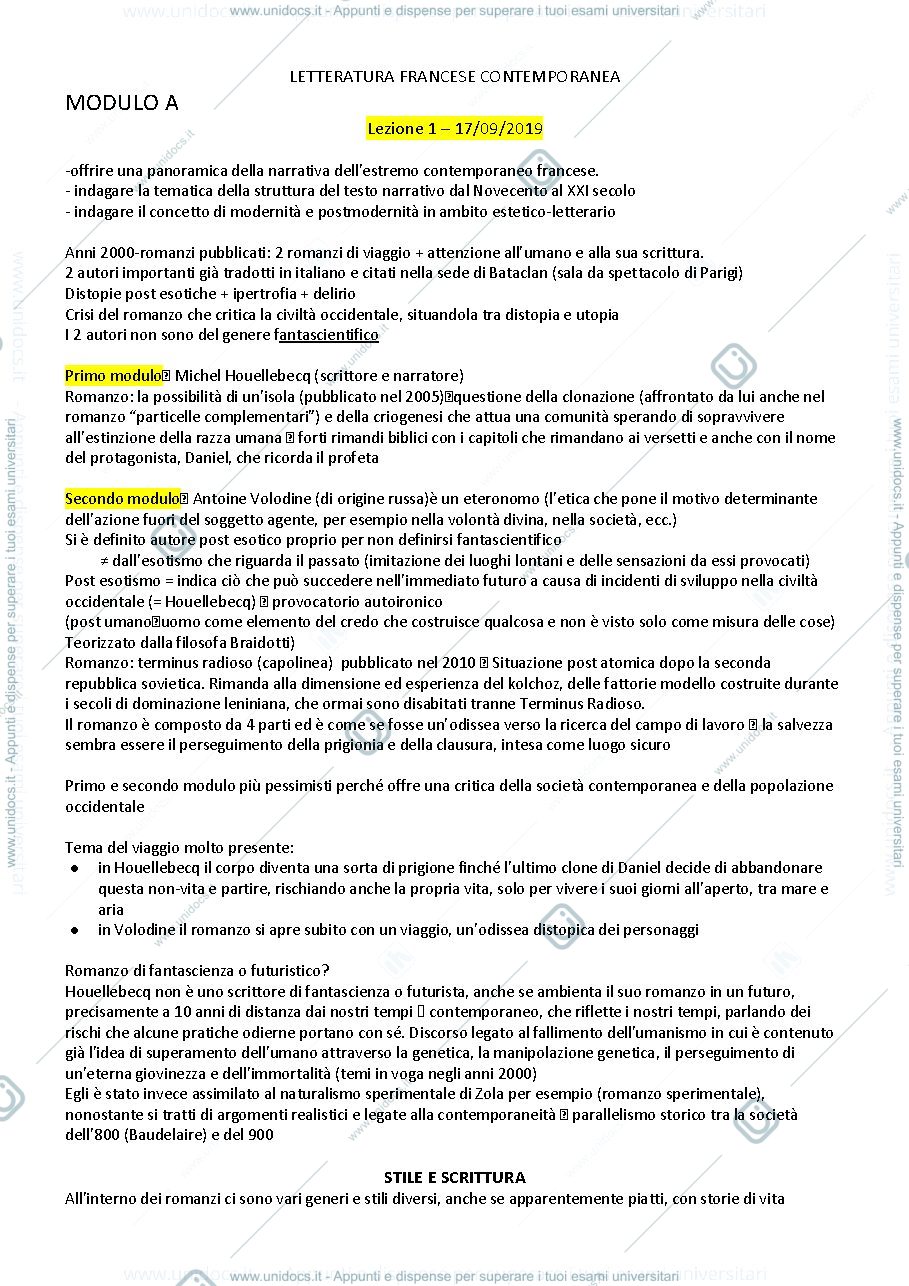 Anteprima pagina 1 — Letteratura francese contemporanea anno 2019/2020