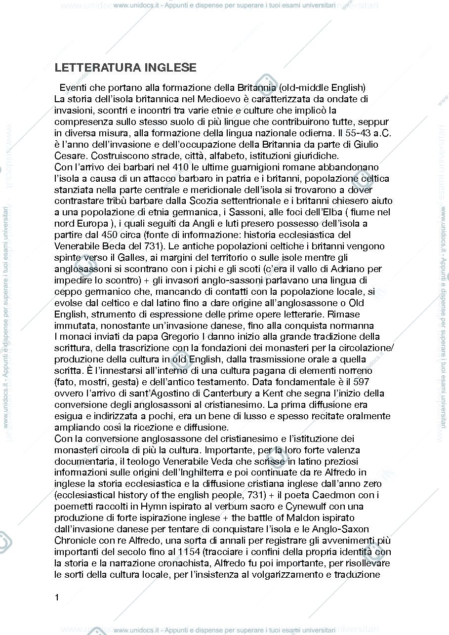 Anteprima pagina 1 — letteratura inglese 1