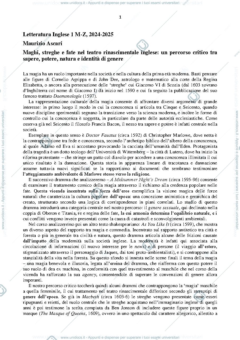 Anteprima pagina 1 — Letteratura Inglese 1 M-Z, 2024-2025 