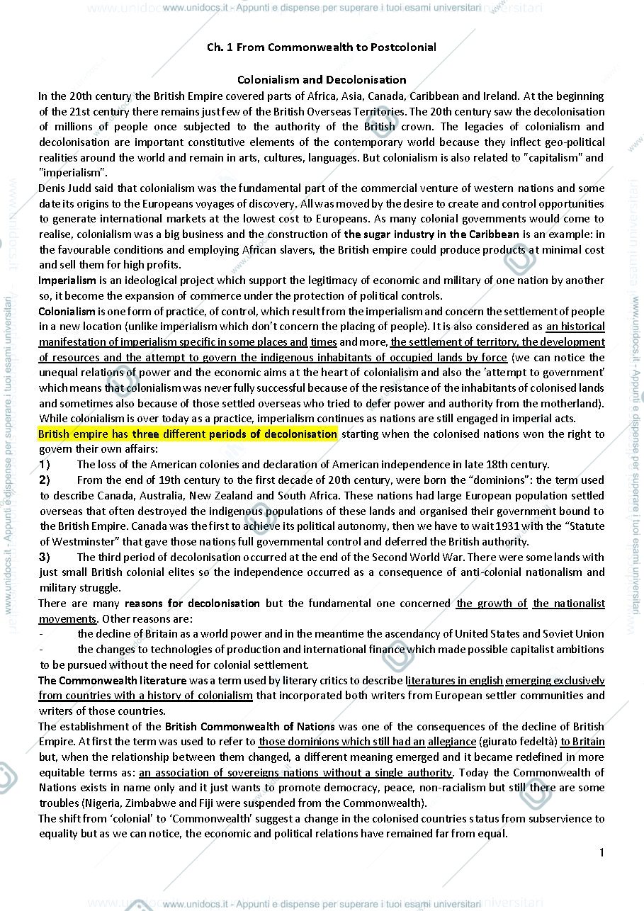 Anteprima pagina 1 — Riassunto del libro Beginning Post colonialism