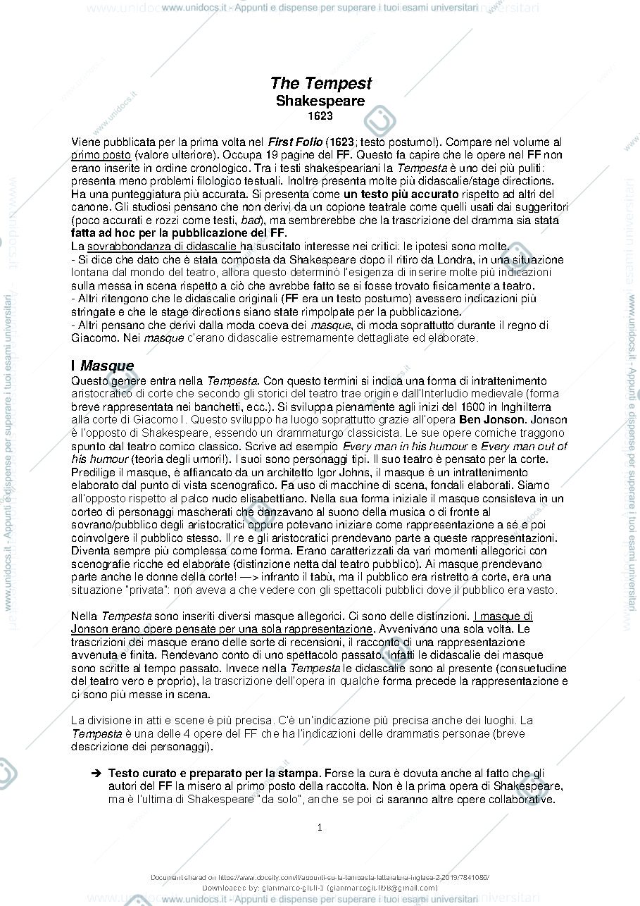 Anteprima pagina 2 — Appunti Tempesta - Letteratura Inglese 2