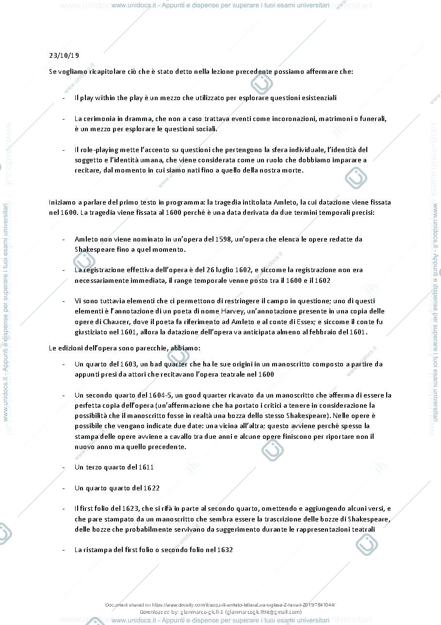 Anteprima pagina 2 — Appunti su Amleto - Letteratura Inglese 2