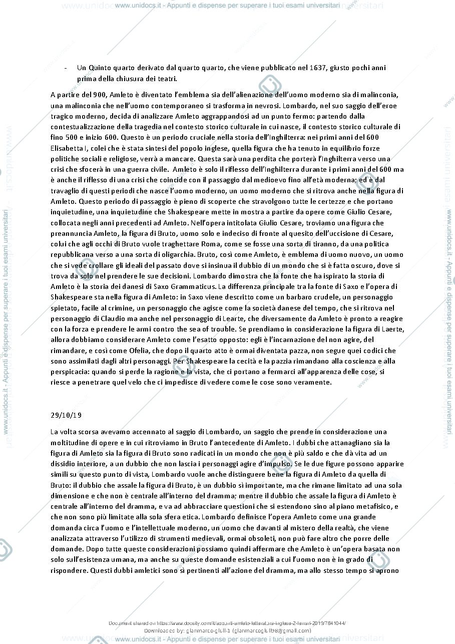 Anteprima pagina 3 — Appunti su Amleto - Letteratura Inglese 2