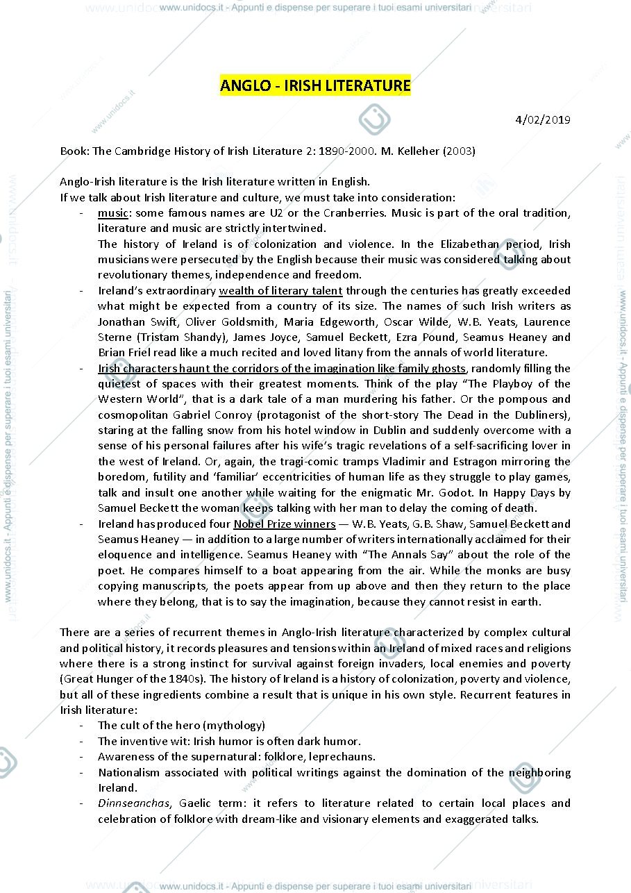 Anteprima pagina 1 — Anglo - Irish Literature