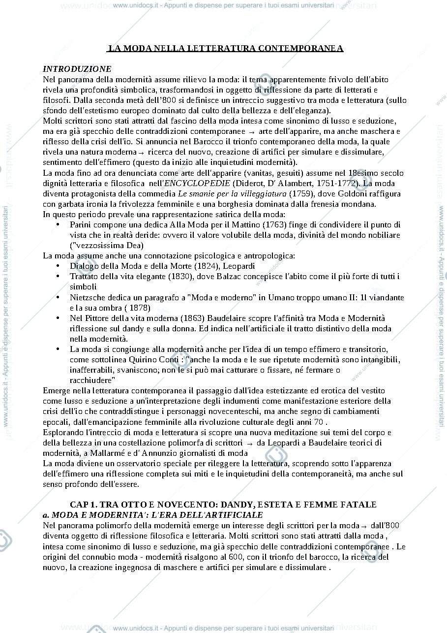 Anteprima pagina 1 — Riassunto libro "La moda nella letteratura italiana contemporanea" di Daniela Baroncini 