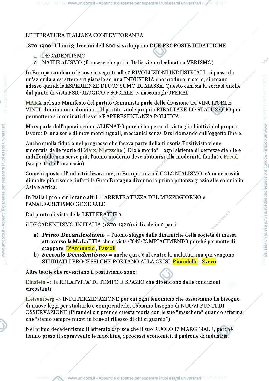 Anteprima pagina 1 — appunti di letteratura italiana contemporanea