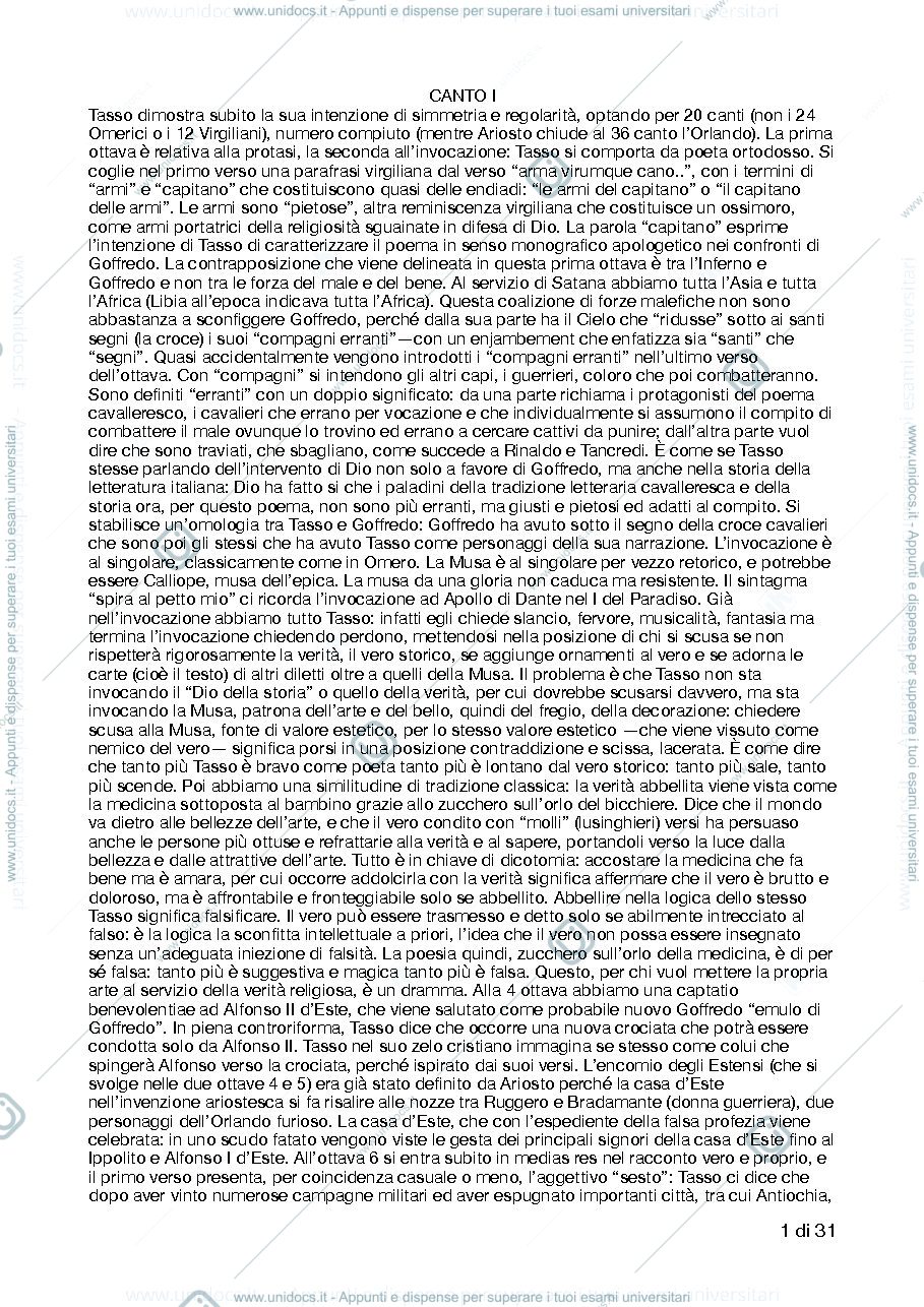 Anteprima pagina 1 — Gerusalemme liberata - riassunto per capitoli 