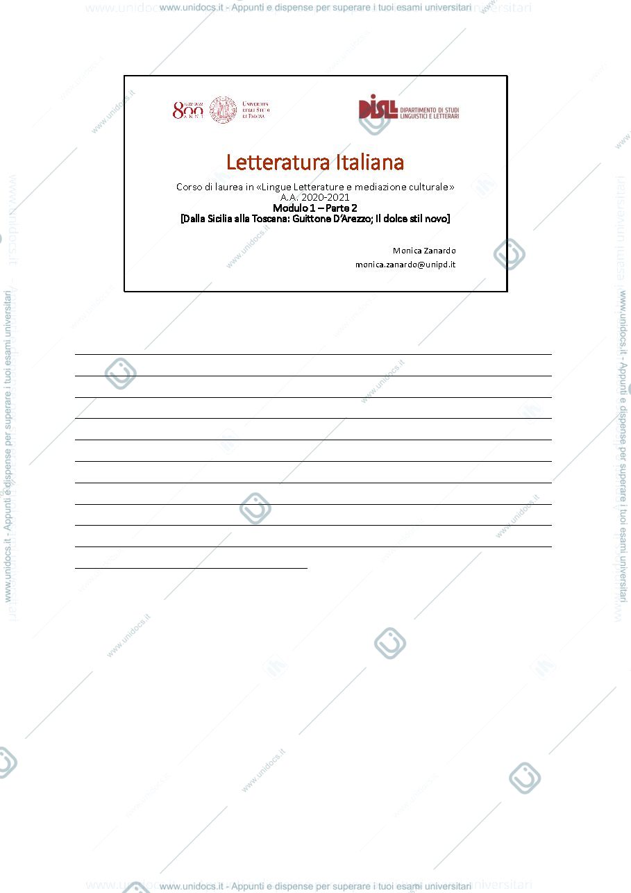 Anteprima pagina 1 — Dalla Sicilia alla Toscana: Guittone D’Arezzo; Il dolce stil novo