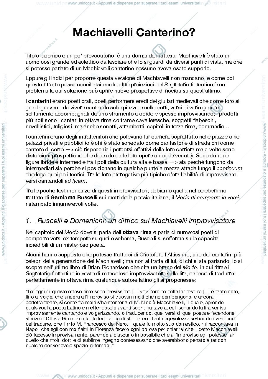 Anteprima pagina 1 — Sintesi del saggio 'Machiavelli Canterino'