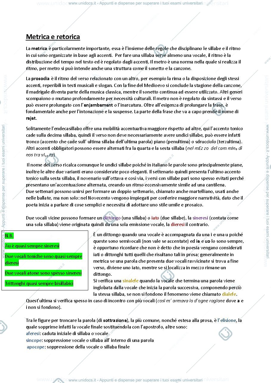 Anteprima pagina 1 — Letteratura italiana (metrica e retorica)