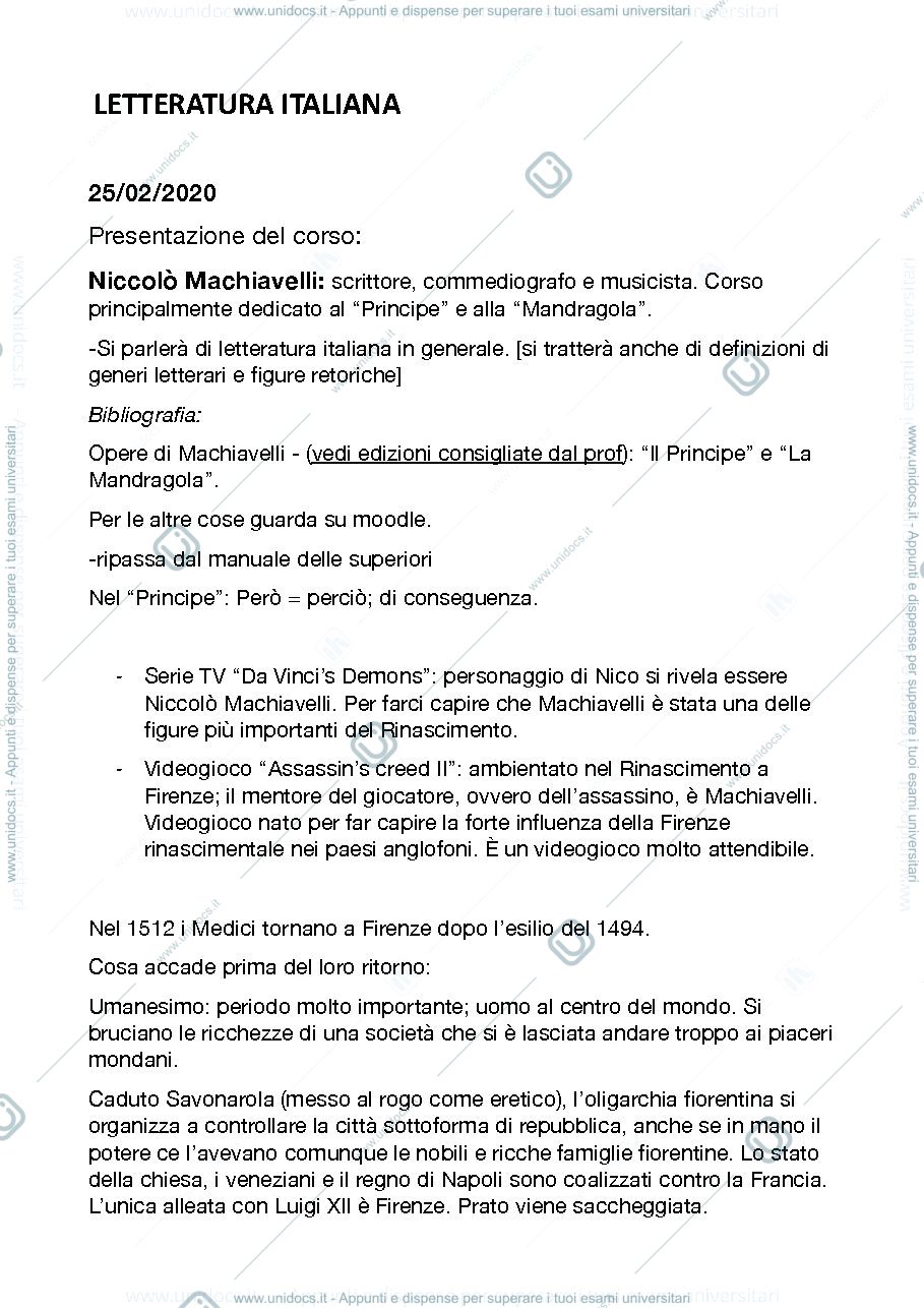Anteprima pagina 1 — Appunti lezioni letteratura italiana Degl'Innocenti