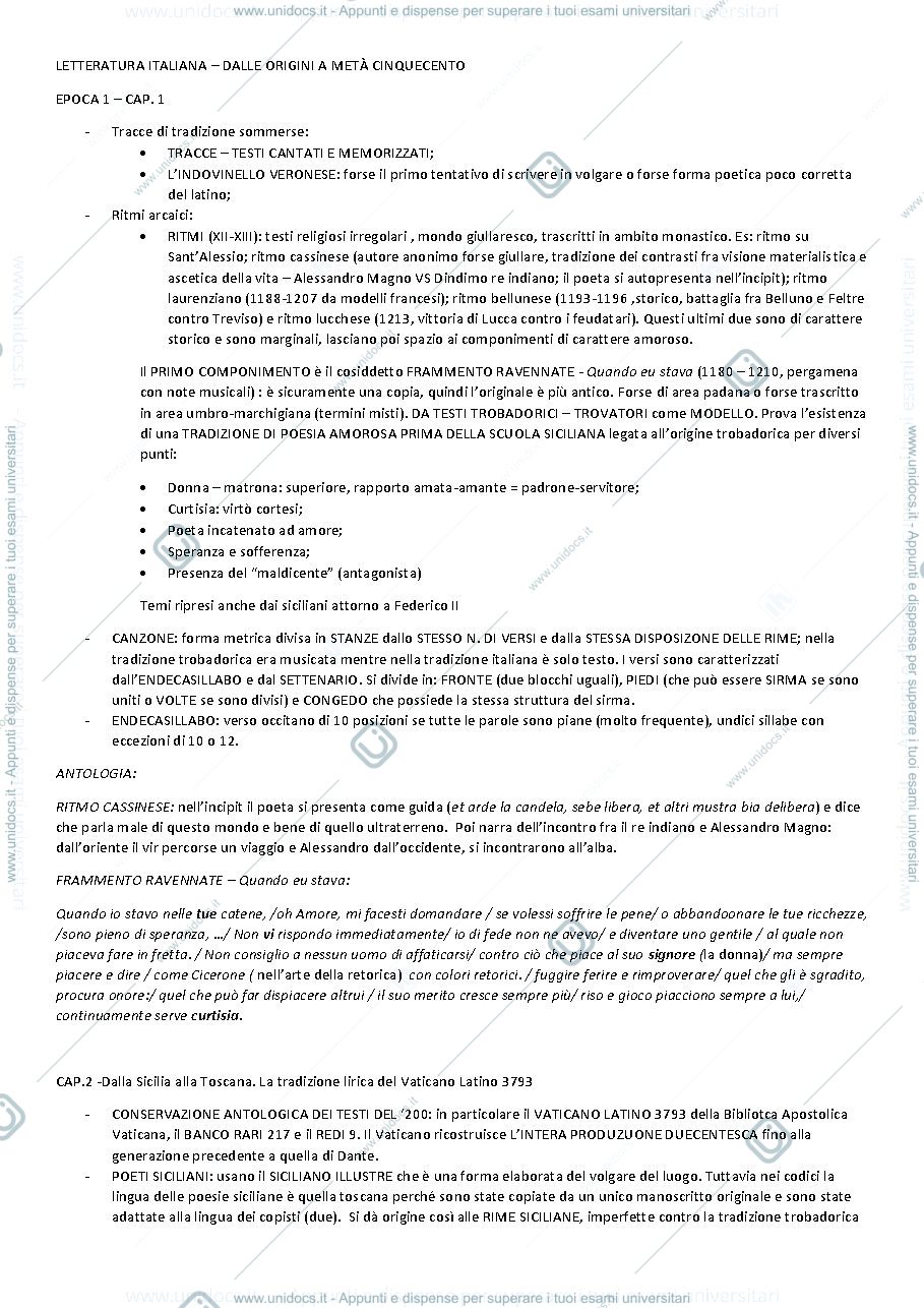 Anteprima pagina 1 — Appunti Letteratura Italiana