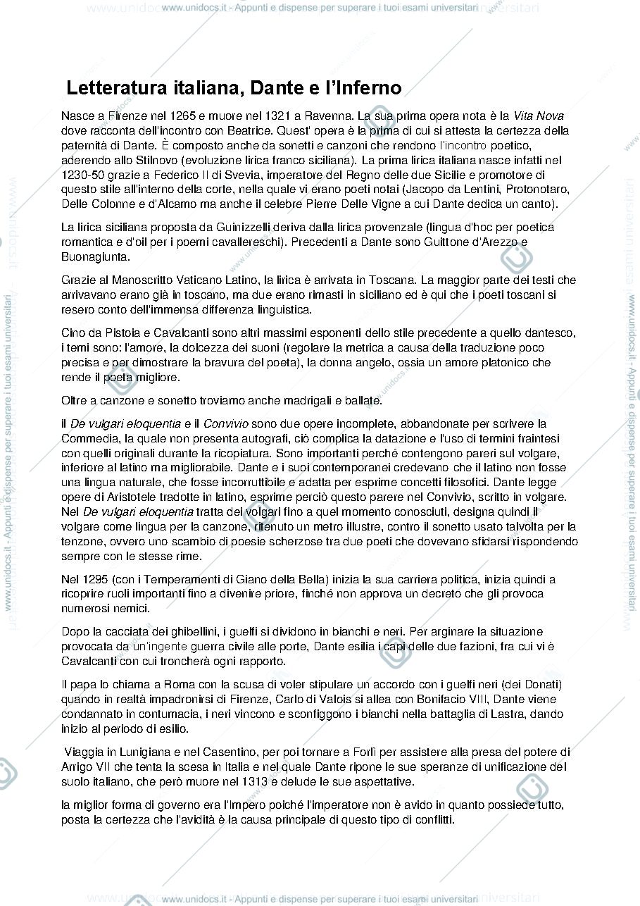 Anteprima pagina 1 — Letteratura italiana (Dante+contesto storico)