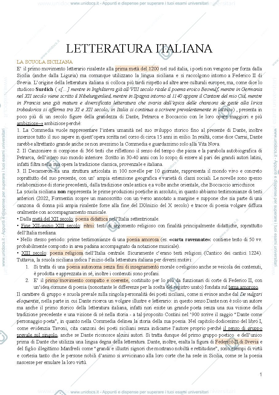Anteprima pagina 1 — Letteratura italiana 1200-1600