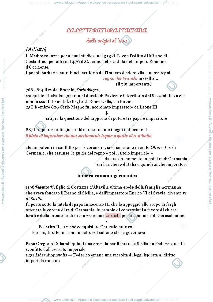 Anteprima pagina 1 — letteratura italiana dalle origini al 500
