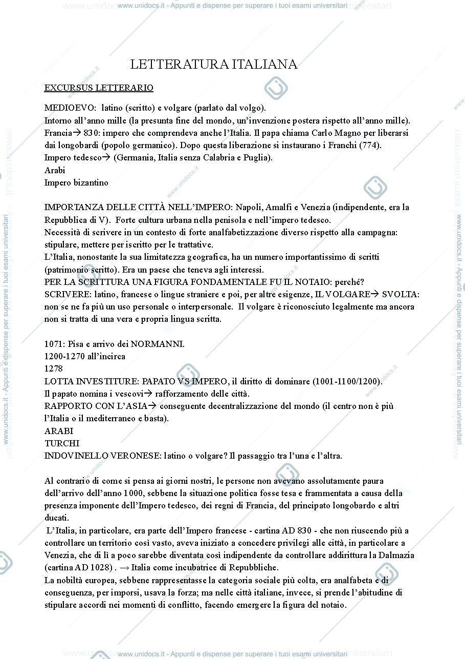 Anteprima pagina 1 — Appunti storia della letteratura italiana dalle origini fino al settecento