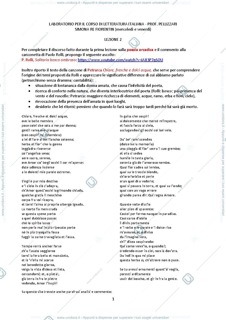 Anteprima pagina 1 — 2 lezione del laboratorio di letteratura italiana con la professoressa SIMONA RE FIORENTIN