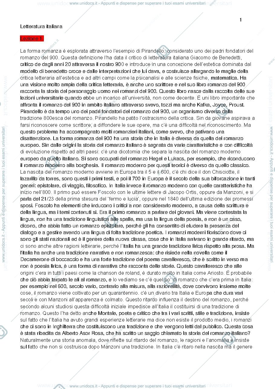 Anteprima pagina 1 — Riassunti letteratura italiana