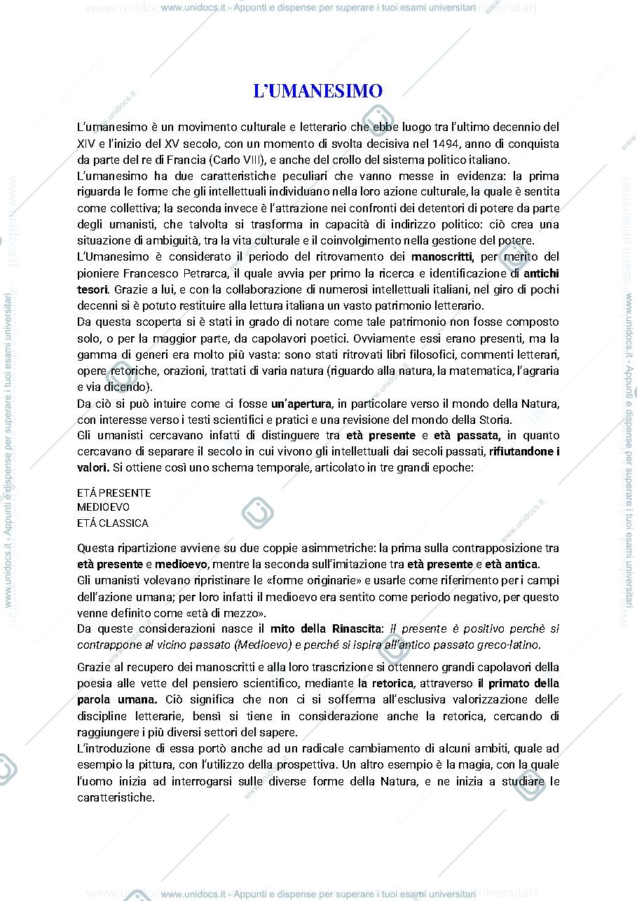 Anteprima pagina 1 — Riassunto introduzione Umanesimo