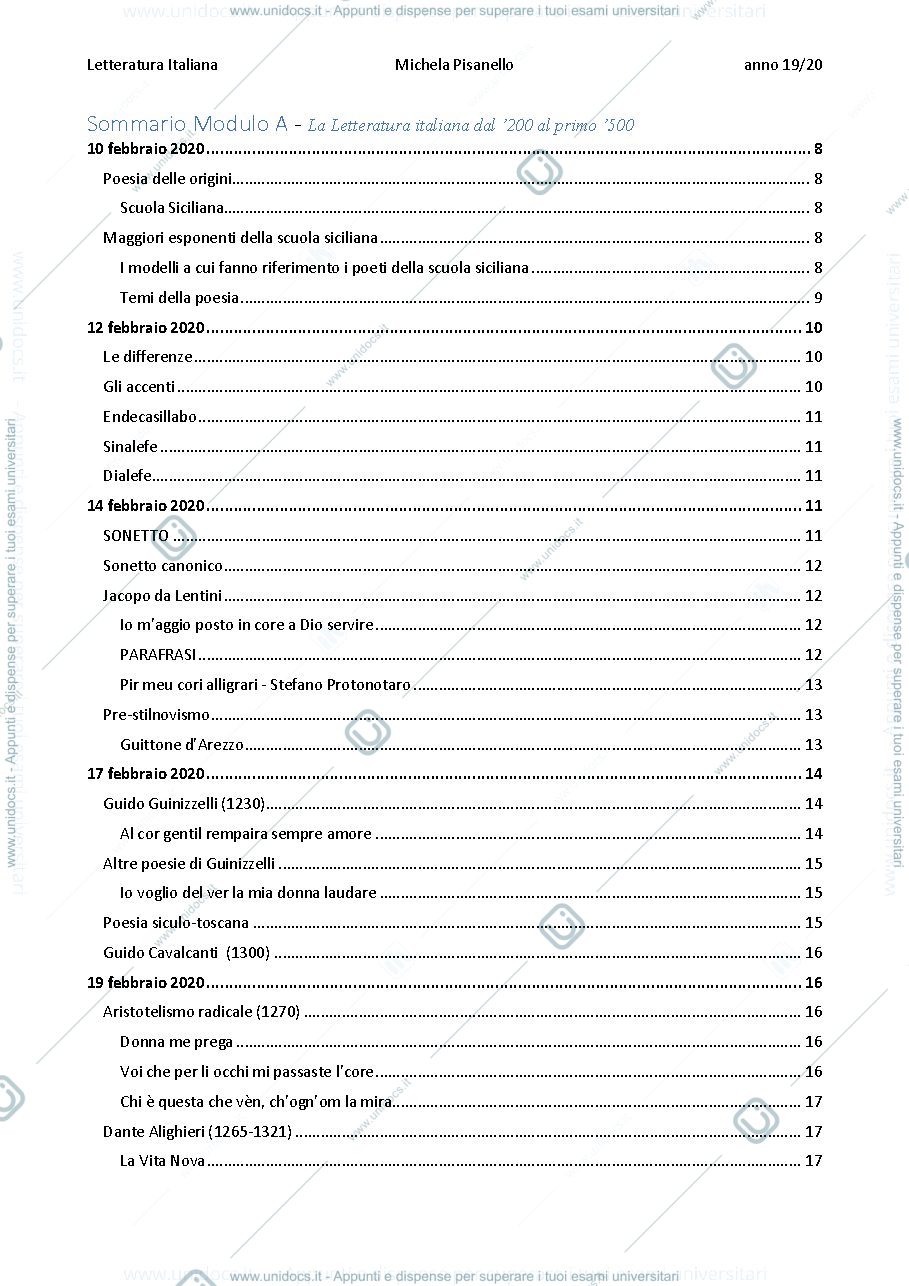 Anteprima pagina 1 — Letteratura italiana, appunti lezioni