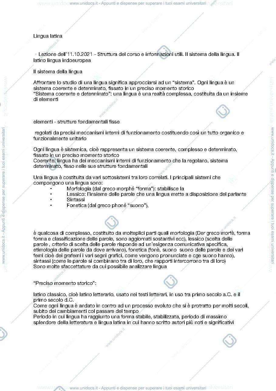 Anteprima pagina 1 — Appunti lezioni di Lingua Latina (Integrativo del corso di Letteratura latina)