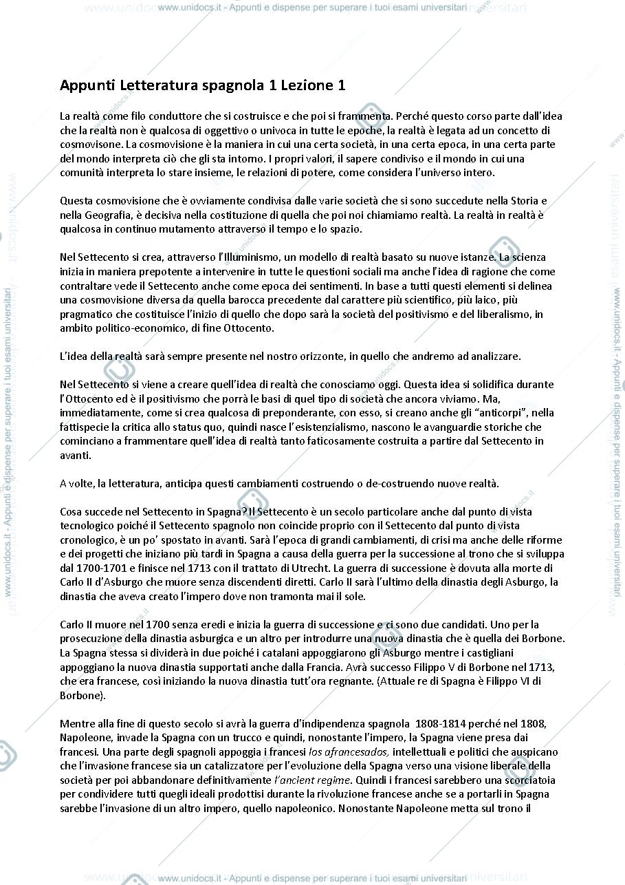 Anteprima pagina 1 — Appunti Letteratura Spagnola 1 