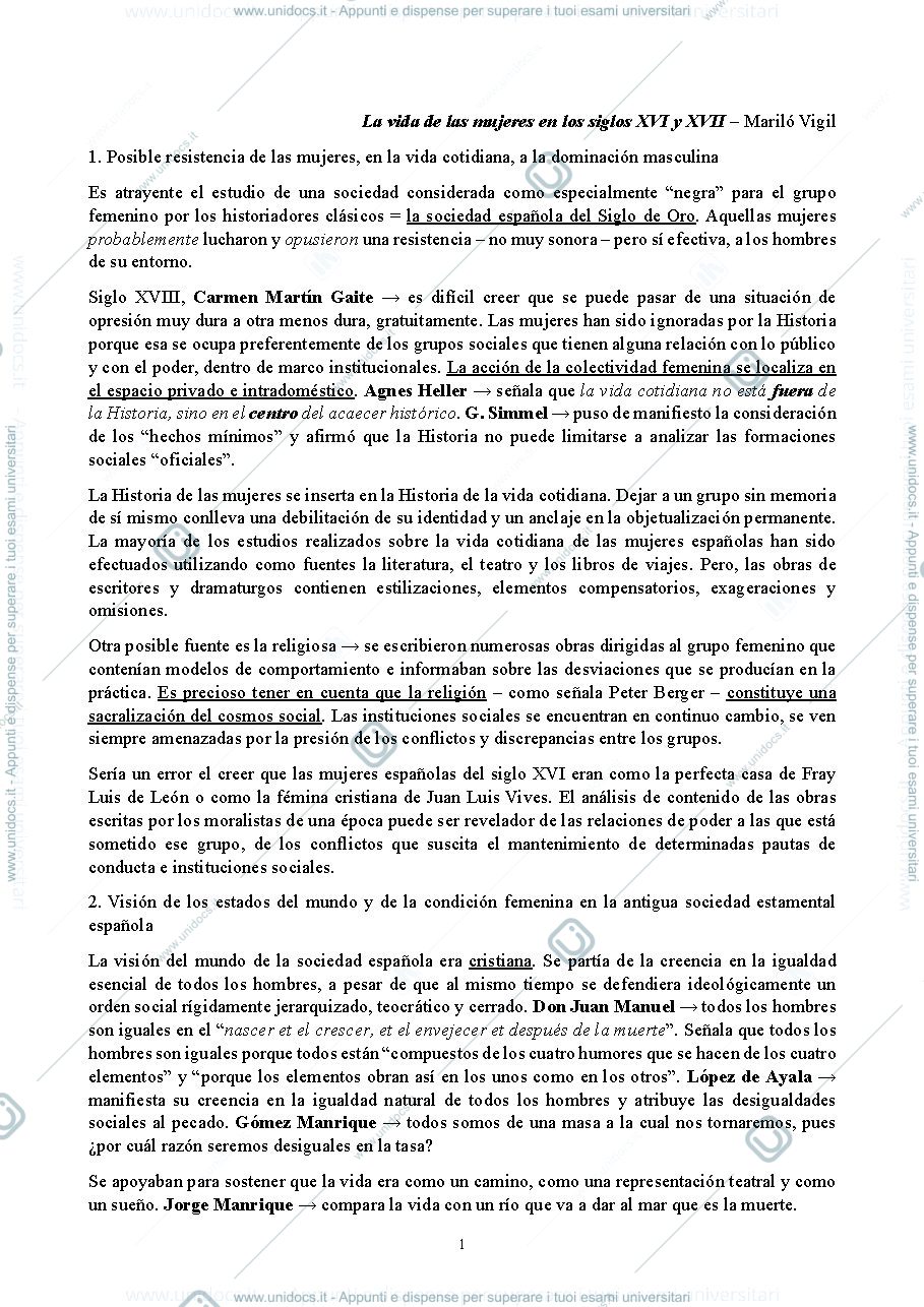Anteprima pagina 1 — Riassunto La vida de las mujeres en los siglos XVI y XVII (Mariló Vigil)