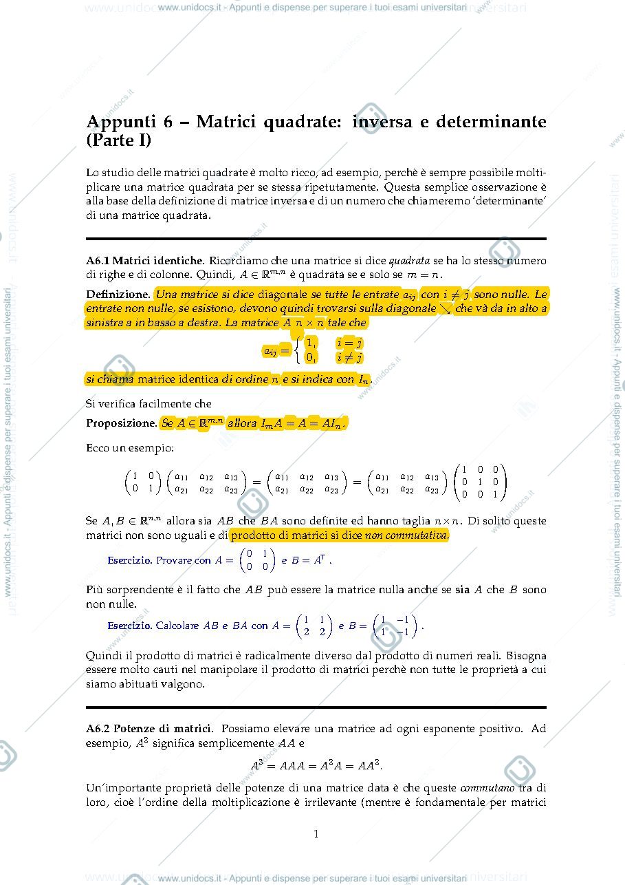 Anteprima pagina 1 — Matrici quadrate, inversa e determinanti