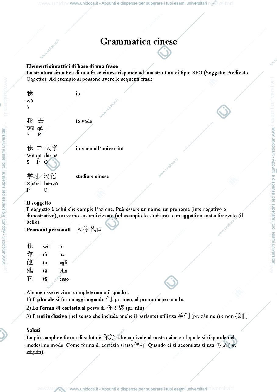 Anteprima pagina 1 — Dispensa di grammatica cinese
