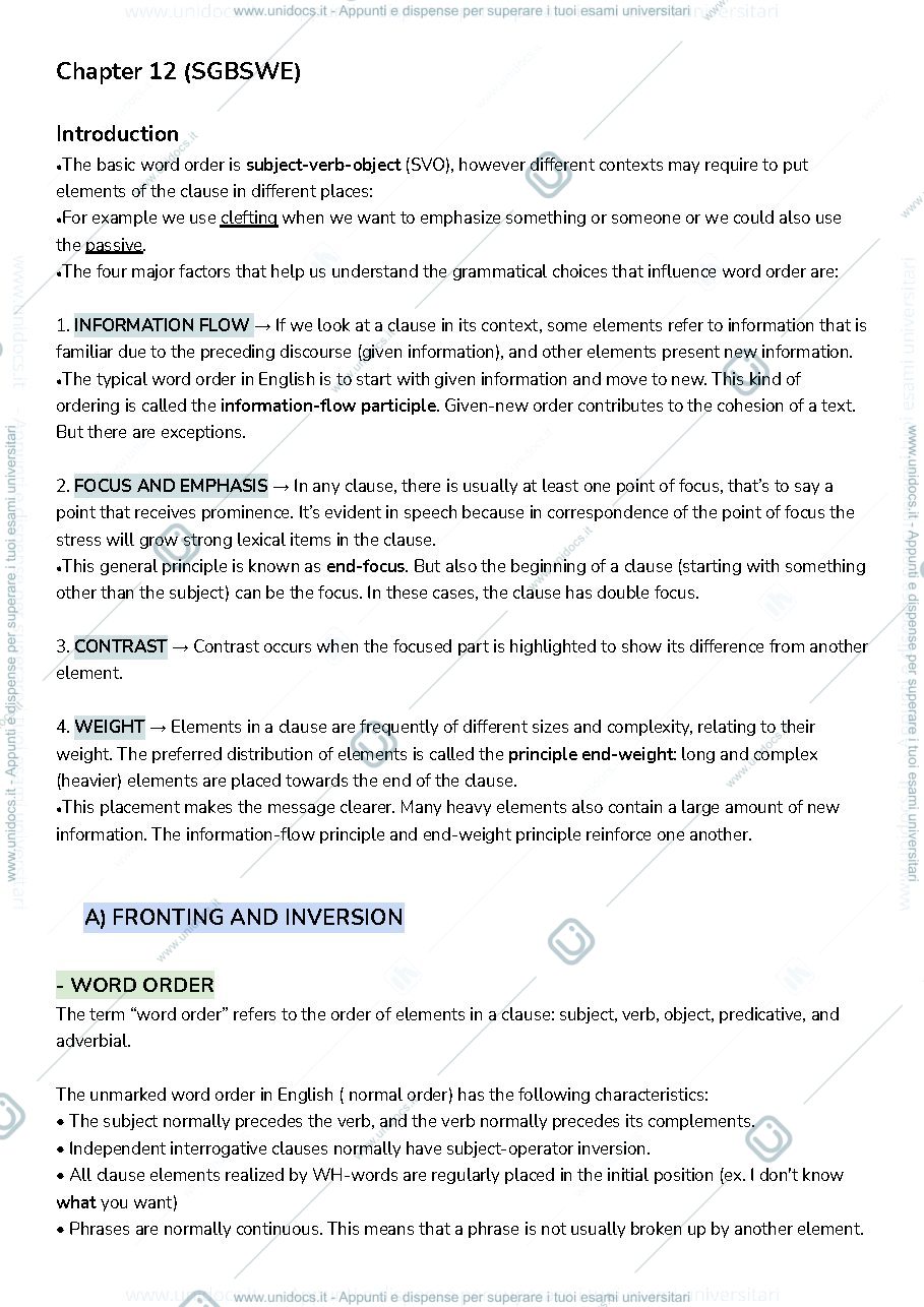 Anteprima pagina 1 — Riassunto capitolo 12 - Longman student grammar of written and spoken english