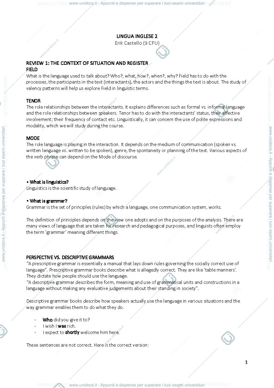 Anteprima pagina 1 — Appunti di Lingua inglese 2