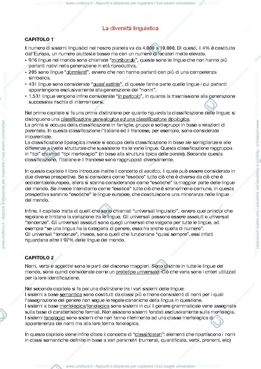 Anteprima pagina 1 — Riassunto del libro "La diversità linguistica"