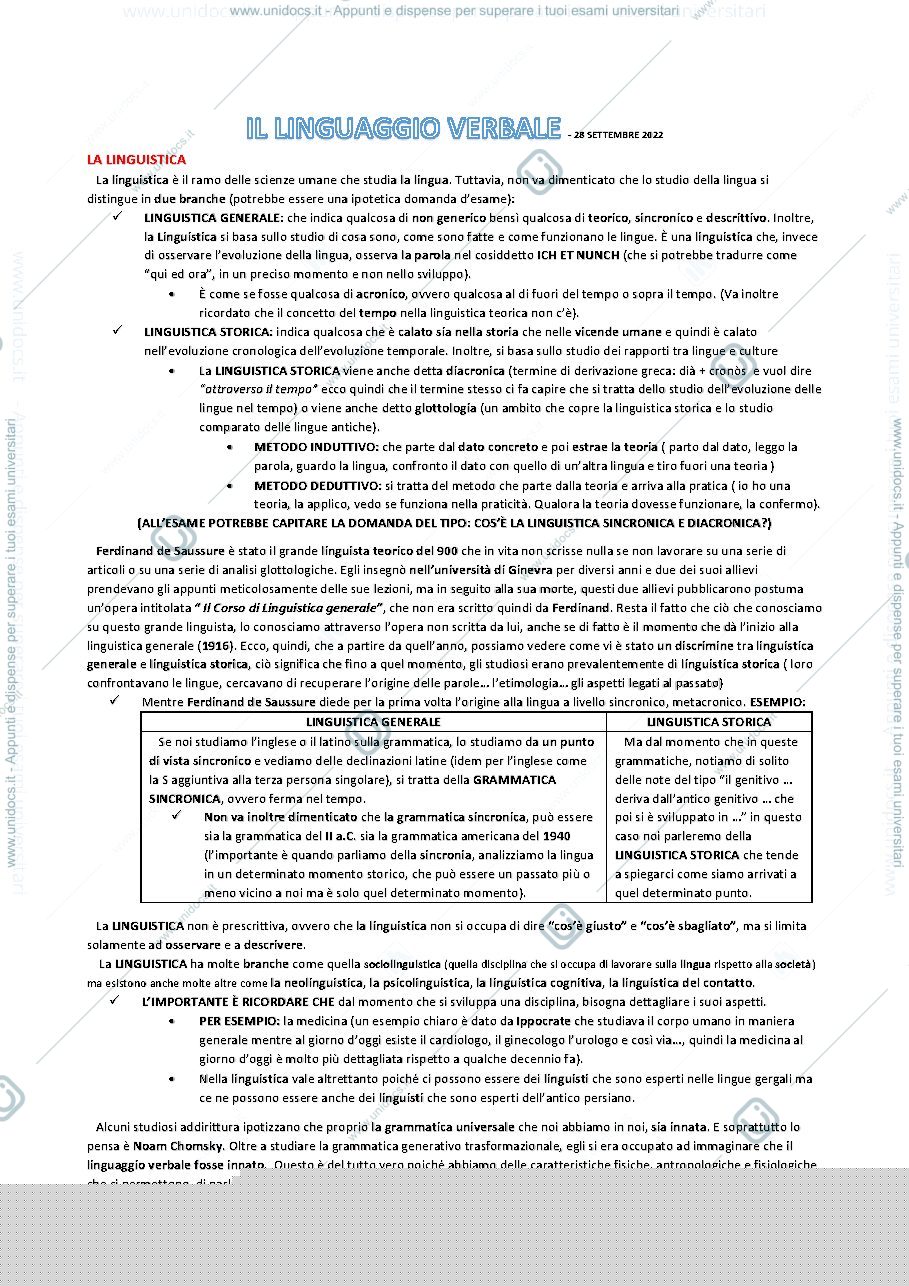 Anteprima pagina 1 — Linguistica Generale Prima Lezione 