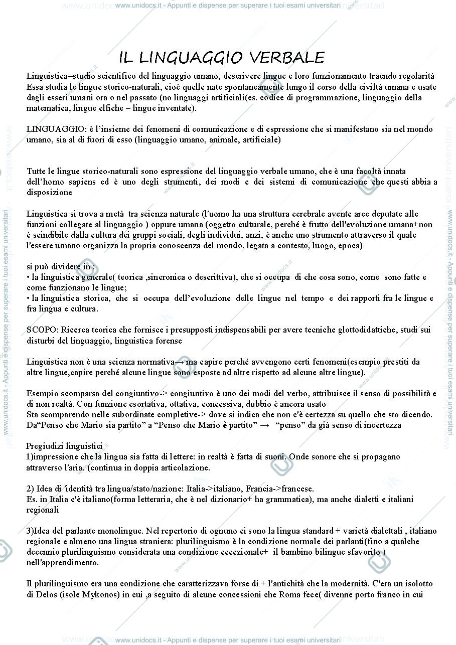 Anteprima pagina 1 — Linguistica generale- Il linguaggio verbale umano