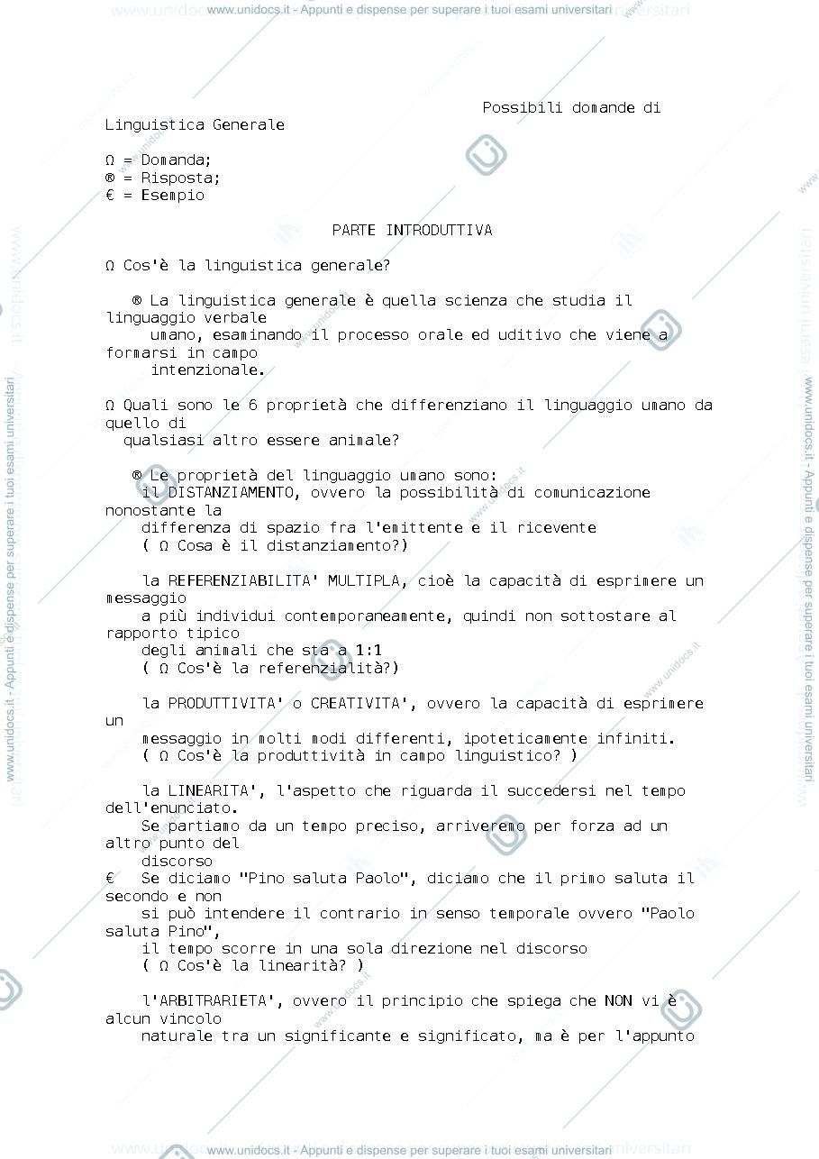 Anteprima pagina 1 — Linguistica generale domande d'esame