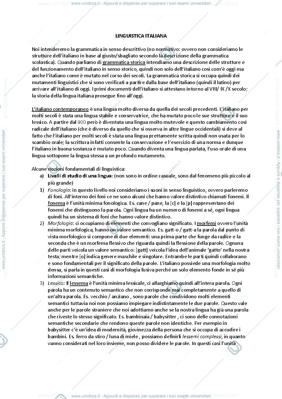 Anteprima pagina 1 — Appunti delle lezioni di linguistica italiana