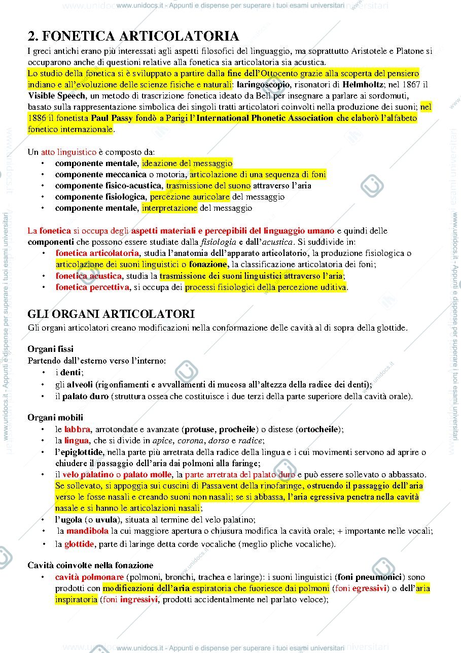 Anteprima pagina 1 — Linguistica Riassunto Capitolo 2. FONETICA ARTICOLATORIA