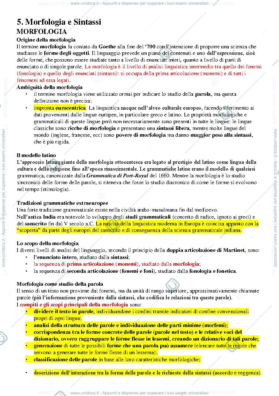 Anteprima pagina 1 — Linguistica Riassunto Capitolo 5. MORFOLOGIA E SINTASSI
