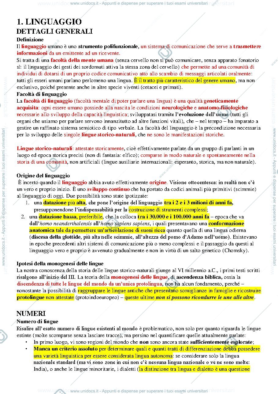 Anteprima pagina 1 — Linguistica Riassunto Capitolo 1. IL LINGUAGGIO
