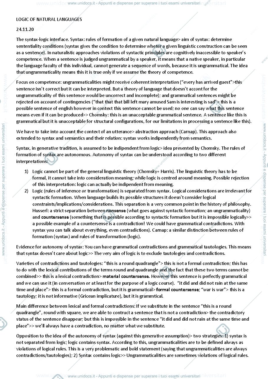 Anteprima pagina 1 — Appunti Logic of Natural Languages