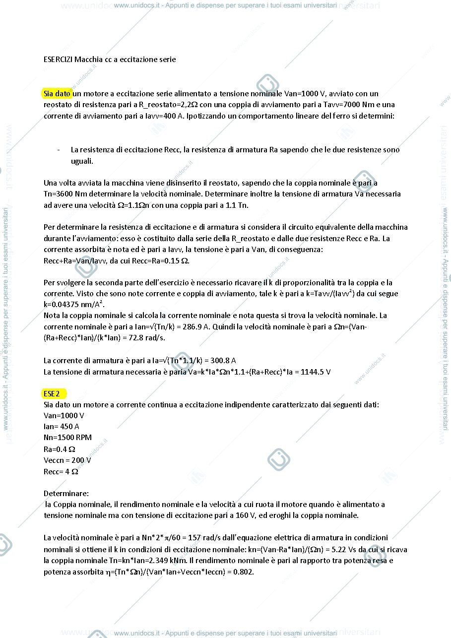Anteprima pagina 1 — ESERCIZI Macchina cc a eccitazione serie esercizi per corso prof: Mauri